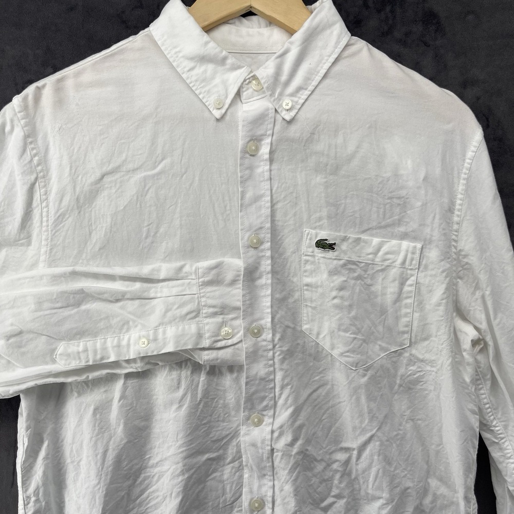 Lacoste Men's M White Button Down Shirt Regular Fit Embroidered Crocodile Logo